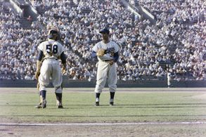 The Los Angeles Dodgers' Sandy Koufax pitching at the Los Angeles Memorial Coliseum circa 1960