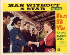 Kirk Douglas, Jeanne Crain, William Campbell, Jay C. Flippen, Bud Rae, and Sheb Wooley in Man Without a Star (1955)
