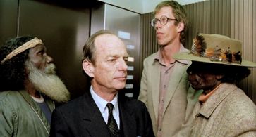 Norman Kaye, Roy Marika, Wandjuk Marika, and Bruce Spence in Where the Green Ants Dream (1984)