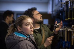 Director Abner Pastoll with actor Sarah Bolger on set of A GOOD WOMAN IS HARD TO FIND