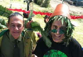 Gilbert Gottfried and Peter Tedeschi as adversarial plant-like aliens, between takes, on the set of Unbelievable, due to