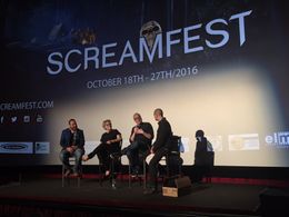 Jason Ensler, Sharon Gless, Rolin Jones with Dominic Patten at Screamfest for The Exorcist