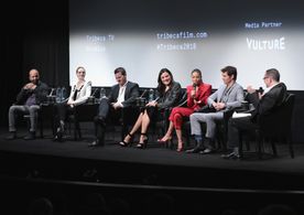 James Marsden, Thandiwe Newton, Jonathan Nolan, Christopher Orr, Evan Rachel Wood, Jeffrey Wright, and Lisa Joy at an ev