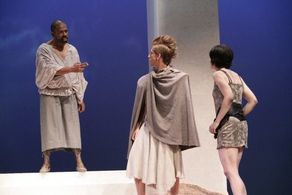 Eliezer Ortiz (left) as the Old Man in Electra at the McGowan Hall Theater.