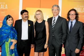 Davis Guggenheim, Laurie MacDonald, Walter F. Parkes, Malala Yousafzai, and Ziauddin Yousafzai at an event for He Named 