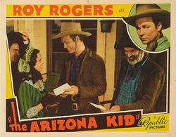Roy Rogers, George 'Gabby' Hayes, David Kerwin, and Sally March in The Arizona Kid (1939)