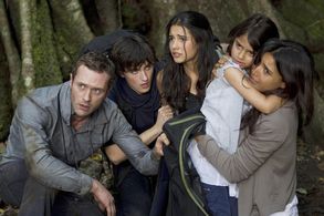 Shelley Conn, Jason O'Mara, Landon Liboiron, Naomi Scott, and Alana Mansour in Terra Nova (2011)