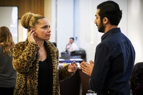 Vinny Chhibber and Victoria Mahoney on set for The Red Line CBS