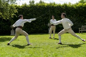 Jonathan Bailey, Luke Thompson, and Luke Newton in Bridgerton: Off to the Races (2022)