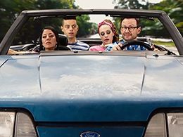 Christian Slater, Rami Malek, Vaishnavi Sharma, and Carly Chaikin in Mr. Robot (2015)