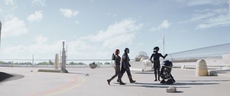 Pedro Pascal, Katee Sackhoff, and Chris Bartlett in The Mandalorian (2019)