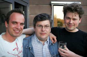 Students Ronnie Fridthjof and Laurits Munch-Petersen at The European Film College with cinematography teacher Petru Maie