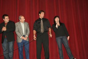 (R to L) Associate Producer Erin Quill, Co-Producer Brad Thorton, and Actor Michael Auteri on stage at the LA Premiere o