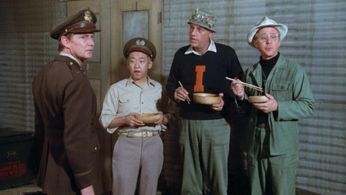 Pat Morita, William Christopher, Dennis Robertson, and McLean Stevenson in M*A*S*H (1972)