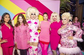 Gia Gunn, Lisa Vanderpump, Trixie Mattel, Whitney Cummings, Katya, and Jaymes Mansfield at Trixie Motel premiere party
