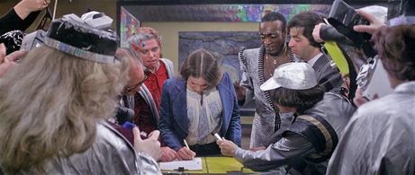 Clem Davies, Michael Logan, Leslie Meadows, Ray Shell, and Catherine Mary Stewart in The Apple (1980)