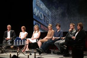 Carlton Cuse, Kerry Ehrin, Vera Farmiga, Freddie Highmore, Max Thieriot, Nicola Peltz Beckham, and Olivia Cooke at an ev