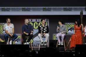 Lucy Liu, Zachary Levi, David F. Sandberg, Asher Angel, and Jack Dylan Grazer at an event for Shazam! Fury of the Gods (