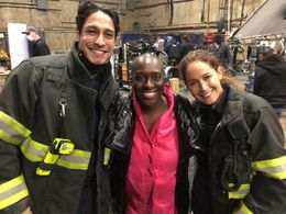 Actors Carlos Miranda and Jaina Lee Ortiz w/ Tamika Miller On Set (Station 19)