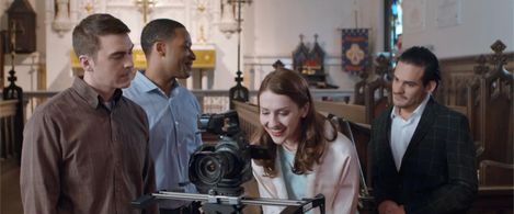 Jordan Estes as Jared, Loosha Jones as Marcus, Kayla Gibson as the Bride, and Jack Vicenty as the Groom in 