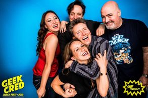Spike Spencer, Kimberly Spencer, Kyle Hebert, Miley Yamamoto, and director, Bill Black at the Geek Cred Launch Party
