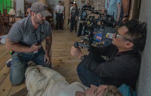 2016, Setting up the shot on Mother! movie set with stunt coordinator Marc Désourdy and director of photography Matthew 