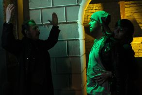 actors Lew Temple, Bryan David, and Michaela Paxton Tarbell in a scene from House of Forbidden Secrets