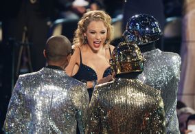 Thomas Bangalter, Guy-Manuel De Homem-Christo, Nile Rodgers, Pharrell Williams, Daft Punk, and Taylor Swift at an event 