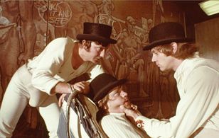 Malcolm McDowell, Warren Clarke, and James Marcus in A Clockwork Orange (1971)