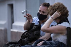 Anthony Fabian and Lesley Manville on the set of Mrs. Harris Goes to Paris
