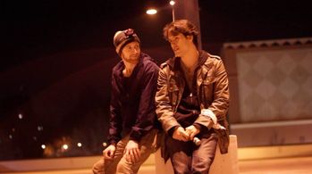 BTS photo from Corsicana (2014) as Peter (Ian Dick) and Nathan (Brandon Barnes) hang out between takes.