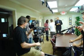 Walter Colson as Roscoe on the set of Stand.