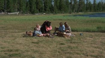 Susan Damante, Hollye Holmes, Ham Larsen, Robert Logan, and Bruno The Bear in The Adventures of the Wilderness Family (1