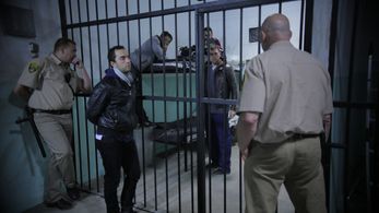 Actors Patrick Kilpatrick and Sean Stone preparing a shot with Director Aziz Tazi