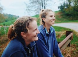 Carrie Brennan and Victoria Ratermanis during filming of Block