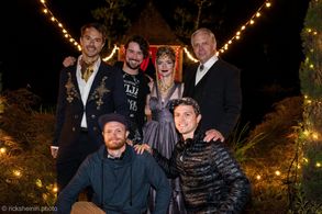 Director, Jesse Vinton, and 1st AD, Will Cuddy, with the lead actors of 