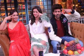Kartik Aaryan, Bhumi Pednekar, and Ananya Panday in The Kapil Sharma Show: The Star-Cast of Pati Patni aur Woh (2019)
