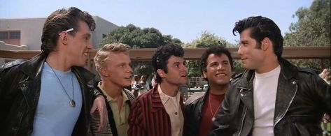 John Travolta, Jeff Conaway, Barry Pearl, Michael Tucci, and Kelly Ward in Grease (1978)