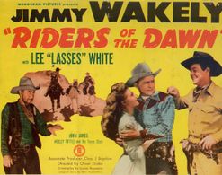 Phyllis Adair, John James, Jimmy Wakely, and Lee 'Lasses' White in Riders of the Dawn (1945)