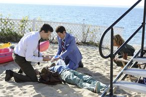Paulo Costanzo, Ben Shenkman, Angela Trimbur, and Danny Pudi in Royal Pains (2009)