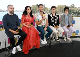 Lucy Liu, Zachary Levi, David F. Sandberg, Asher Angel, and Jack Dylan Grazer at an event for Shazam! Fury of the Gods (
