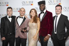 Alessandro Babalola pictured (Along side Elliot Warren and Olivia Brady) after winning the Olivier Award for 'FLESH & BO