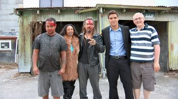 On set: David Whittet (Director) with John Stainton (Koriata),Lisa Beach (Alice) and gangster extras.