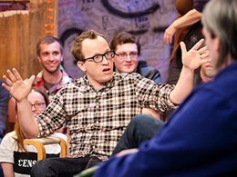 Hallie Bulleit, Chris Gethard, Bethany Hall, David Bluvband, Alex Clute, and Bill Florio in The Chris Gethard Show (2015