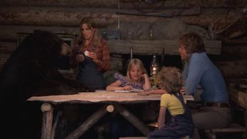 Susan Damante, Hollye Holmes, Ham Larsen, Robert Logan, and Bruno The Bear in The Adventures of the Wilderness Family (1