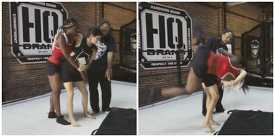 Working with Janeshia Adams-Ginyard and Emily Axford on a hip throw on the TV pilot 