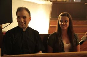 Sean Spence and Jenna Kanell on the set of 