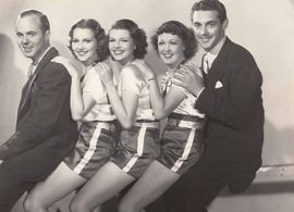 Rita Hayworth, Julie Bishop, Patricia Farr, John Gallaudet, and Charles Quigley in Girls Can Play (1937)