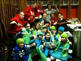 Valin (green hat centre) with 