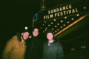 Grant Conversano, Abraham Bengio, and Trent Spivey outside the Egyptian Theater at the 2018 Sundance Film Festival.
